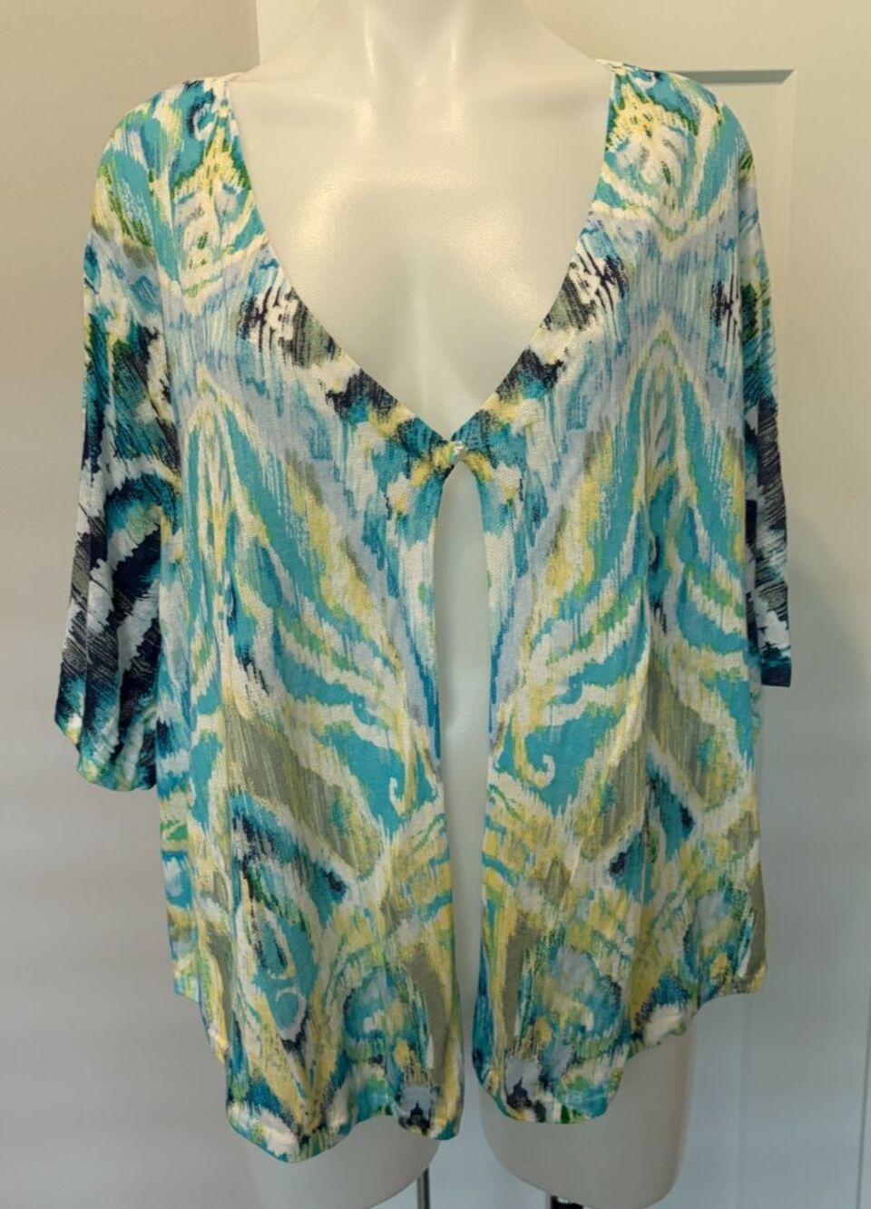 CHICOS Womens Snap CARDIGAN Short Sleeve BLUE Yellow Size 2 (L/12)